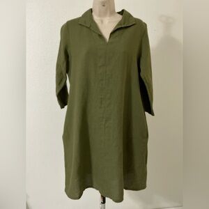 EUC TERZO Millennio Olive Green Collared Linen Tunic Dress Small